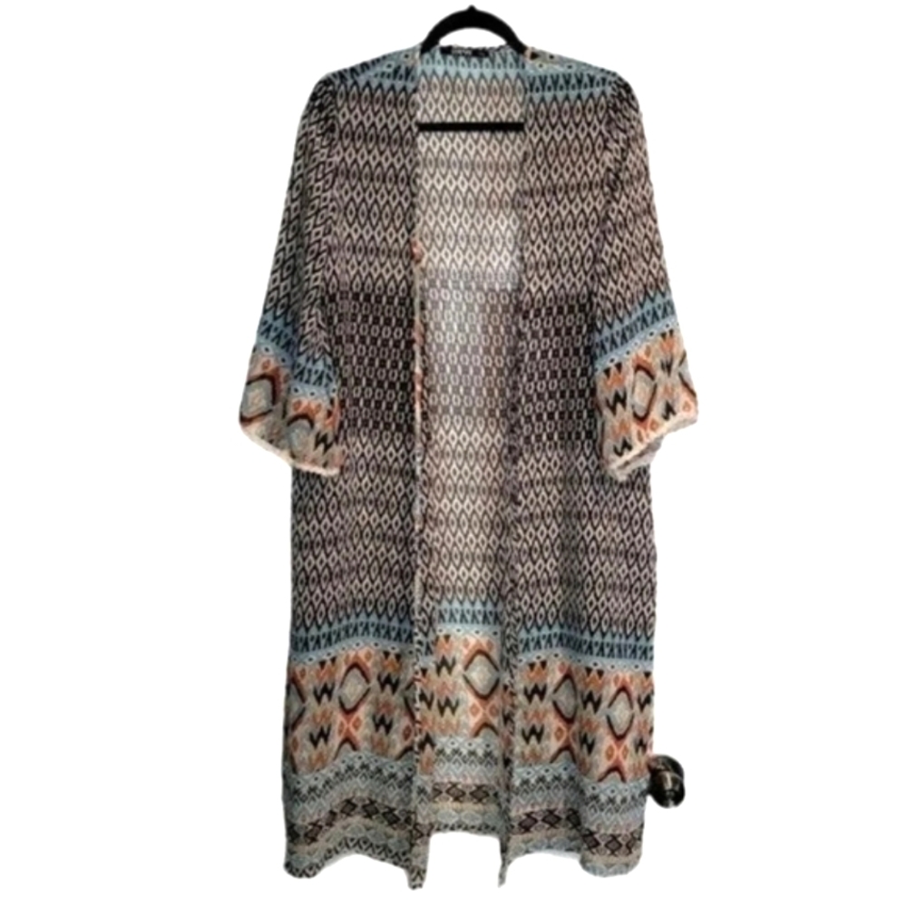 Silk Blend LLove Long Line Kimono Women One Size Aztec Ikat Design Coverup Layer